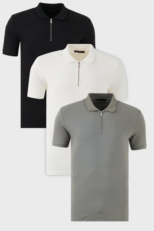 Pamuklu Regular Fit Yarım Fermuarlı 3'lü Paket Erkek Polo Yaka T Shirt 5902738S3 Siyah-Ekru-Açık Haki