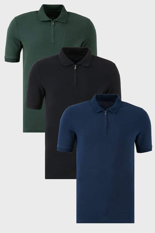 Pamuklu Regular Fit Yarım Fermuarlı 3'lü Paket Erkek Polo Yaka T Shirt 5903008S3 Siyah-İndigo-Nefti
