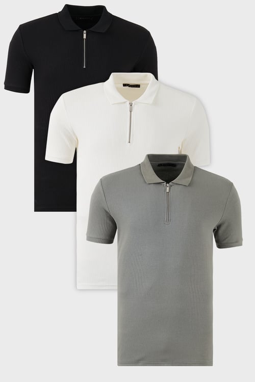 Pamuklu Regular Fit Yarım Fermuarlı 3'lü Paket Erkek Polo Yaka T Shirt 5902738S3 Siyah-Ekru-Açık Haki