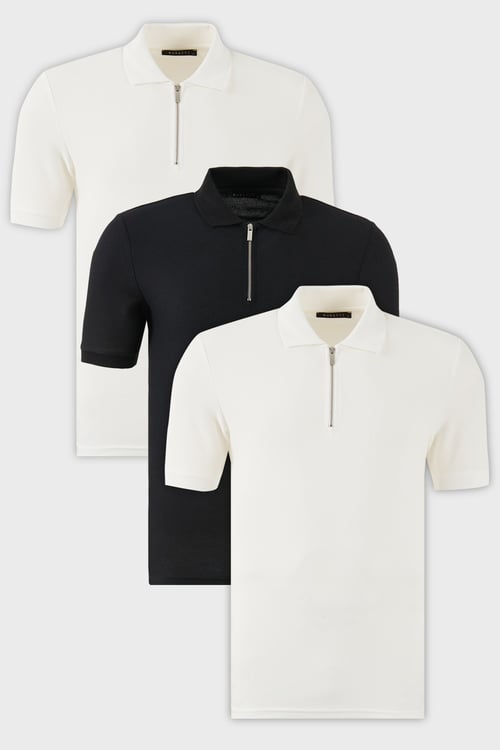 Pamuklu Regular Fit Yarım Fermuarlı 3'lü Paket Erkek Polo Yaka T Shirt 5902434S3 Siyah-Ekru-Ekru