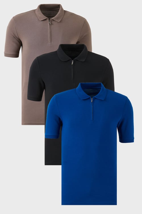 Pamuklu Regular Fit Yarım Fermuarlı 3'lü Paket Erkek Polo Yaka T Shirt 5903008S3 Siyah-Saks-Toprak