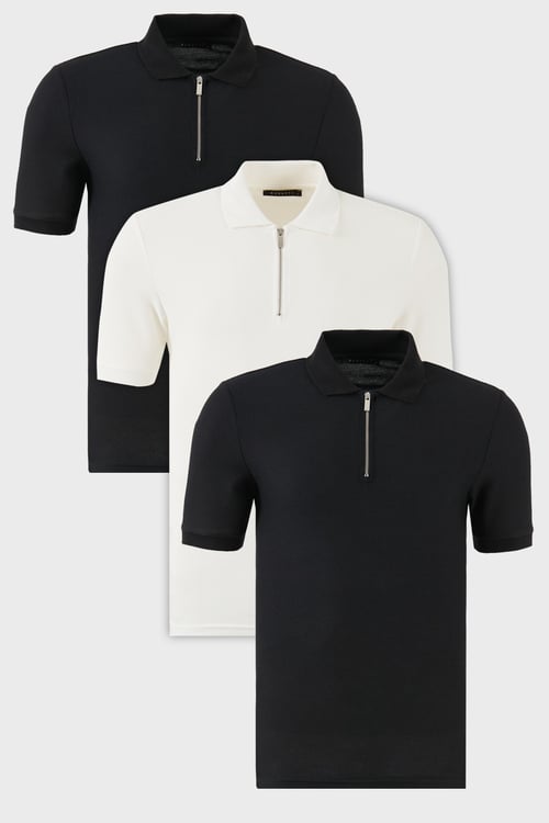 Pamuklu Regular Fit Yarım Fermuarlı 3'lü Paket Erkek Polo Yaka T Shirt 5902434S3 Siyah-Siyah-Ekru