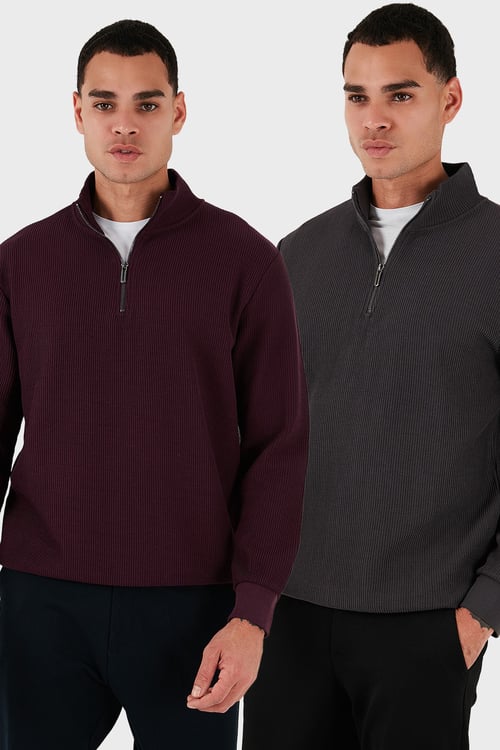 Pamuklu Regular Fit Yarım Fermuarlı Dik Yaka 2'li Paket Erkek Sweat 5905716S2 ANTRASİT-VİŞNE