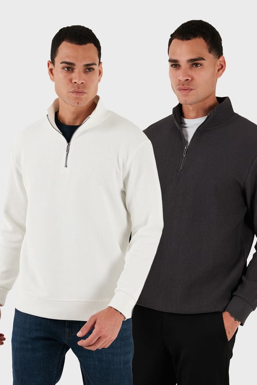 Pamuklu Regular Fit Yarım Fermuarlı Dik Yaka 2'li Paket Erkek Sweat 5905716S2 Antrasit-Ekru