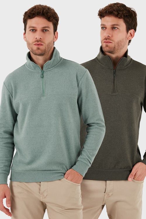 Pamuklu Regular Fit Yarım Fermuarlı Dik Yaka 2'li Paket Erkek Kazak 456112S2 Haki-Çağla