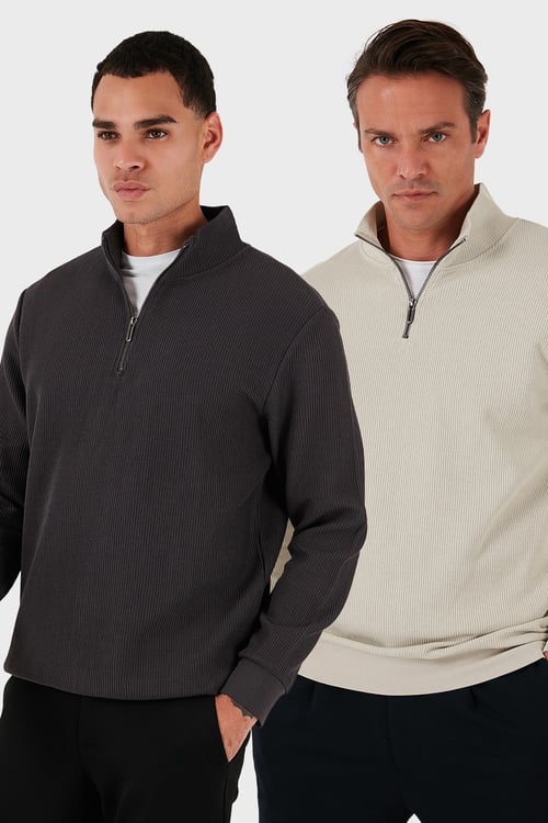 Pamuklu Regular Fit Yarım Fermuarlı Dik Yaka 2'li Paket Erkek Sweat 5905716S2 Antrasit-Taş