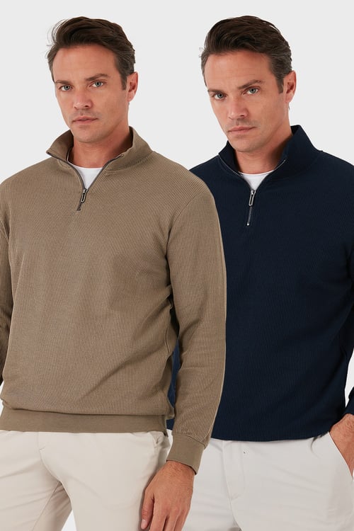 Pamuklu Regular Fit Yarım Fermuarlı Dik Yaka 2'li Paket Erkek Sweat 5905716S2 Koyu Vizon-Koyu Lacivert