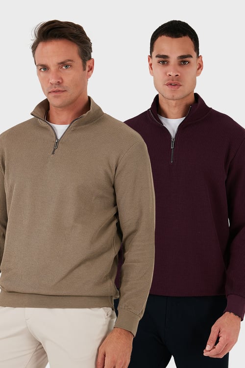 Pamuklu Regular Fit Yarım Fermuarlı Dik Yaka 2'li Paket Erkek Sweat 5905716S2 Koyu Vizon-Vişne