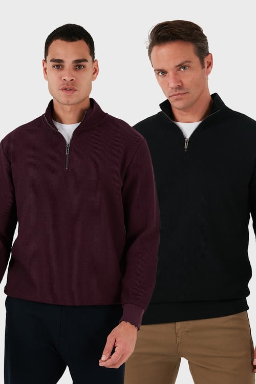 Pamuklu Regular Fit Yarım Fermuarlı Dik Yaka 2'li Paket Erkek Sweat 5905716S2 VİŞNE-SİYAH
