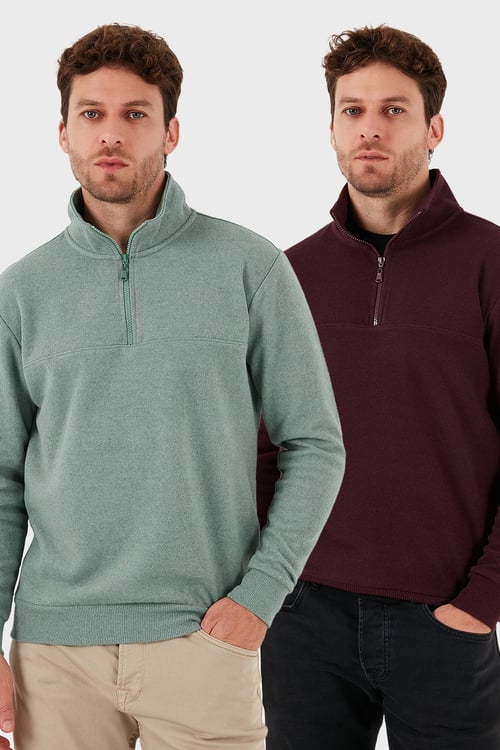 Pamuklu Regular Fit Yarım Fermuarlı Dik Yaka 2'li Paket Erkek Kazak 456112S2 Mürdüm-Çağla