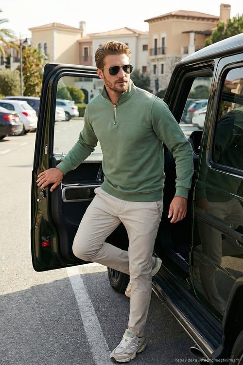 Pamuklu Regular Fit Yarım Fermuarlı Dik Yaka Erkek Sweat 59052592 ELMA YEŞİLİ