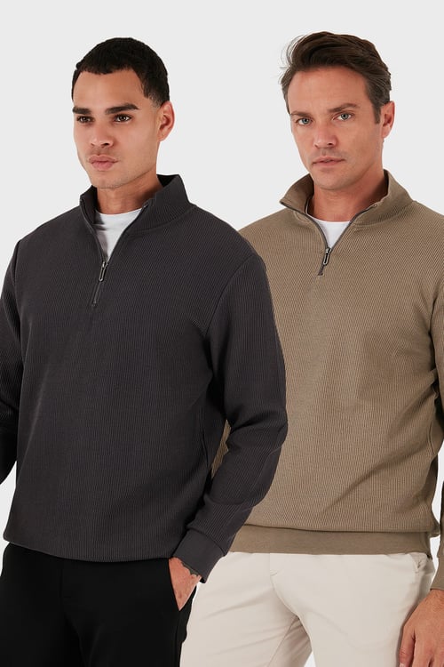 Pamuklu Regular Fit Yarım Fermuarlı Dik Yaka 2'li Paket Erkek Sweat 5905716S2 Koyu Vizon-Antrasit