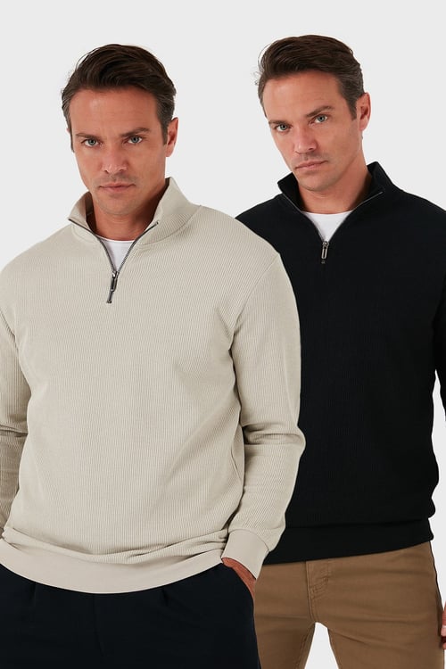 Pamuklu Regular Fit Yarım Fermuarlı Dik Yaka 2'li Paket Erkek Sweat 5905716S2 SİYAH-TAŞ