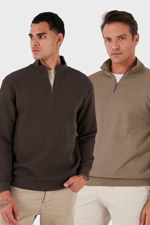 Pamuklu Regular Fit Yarım Fermuarlı Dik Yaka 2'li Paket Erkek Sweat 5905716S2 Koyu Vizon-Koyu Kahve
