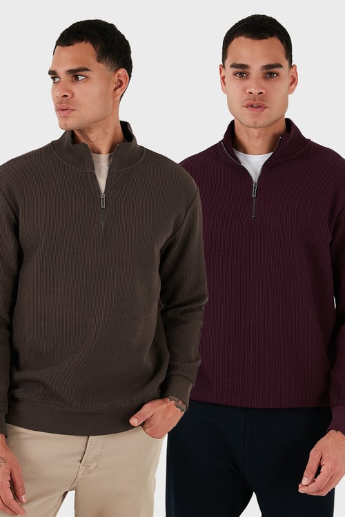 Pamuklu Regular Fit Yarım Fermuarlı Dik Yaka 2'li Paket Erkek Sweat 5905716S2 Koyu Kahve-Vişne