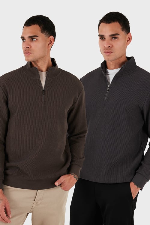 Pamuklu Regular Fit Yarım Fermuarlı Dik Yaka 2'li Paket Erkek Sweat 5905716S2 Koyu Kahve-Antrasit