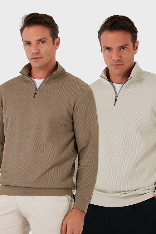 Pamuklu Regular Fit Yarım Fermuarlı Dik Yaka 2'li Paket Erkek Sweat 5905716S2 Koyu Vizon-Taş