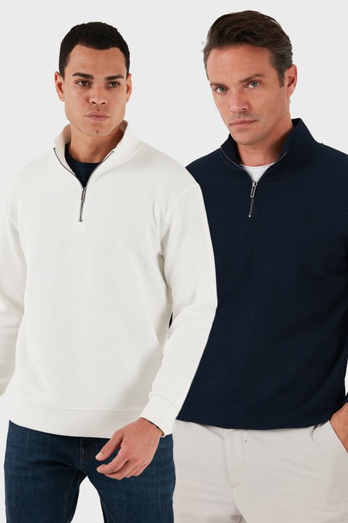 Pamuklu Regular Fit Yarım Fermuarlı Dik Yaka 2'li Paket Erkek Sweat 5905716S2 Ekru-Koyu Lacivert