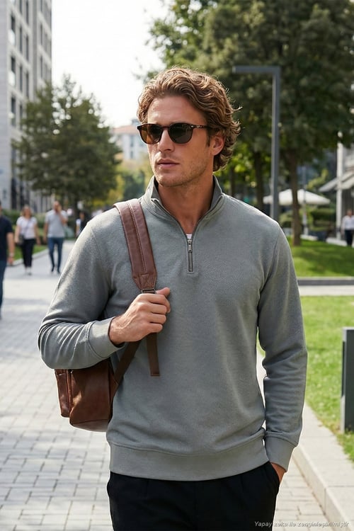 Pamuklu Regular Fit Yarım Fermuarlı Dik Yaka Erkek Sweat 5905470 AÇIK HAKİ