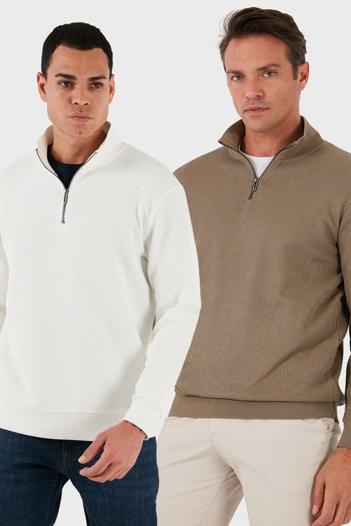Pamuklu Regular Fit Yarım Fermuarlı Dik Yaka 2'li Paket Erkek Sweat 5905716S2 Koyu Vizon-Ekru
