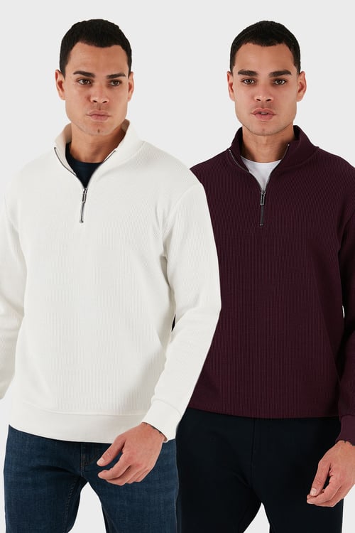 Pamuklu Regular Fit Yarım Fermuarlı Dik Yaka 2'li Paket Erkek Sweat 5905716S2 EKRU-VİŞNE