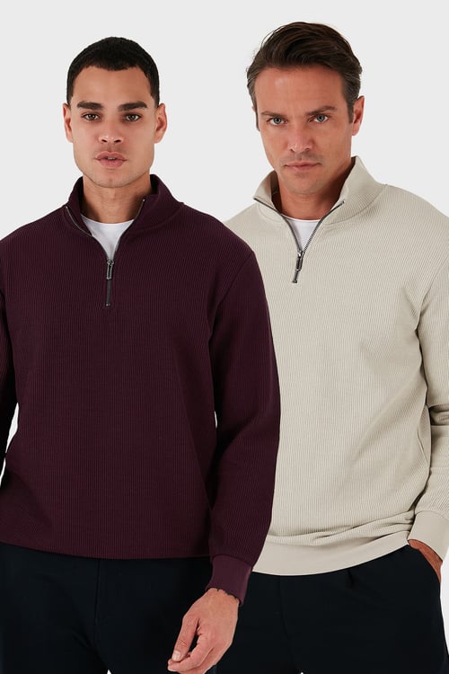 Pamuklu Regular Fit Yarım Fermuarlı Dik Yaka 2'li Paket Erkek Sweat 5905716S2 TAŞ-VİŞNE
