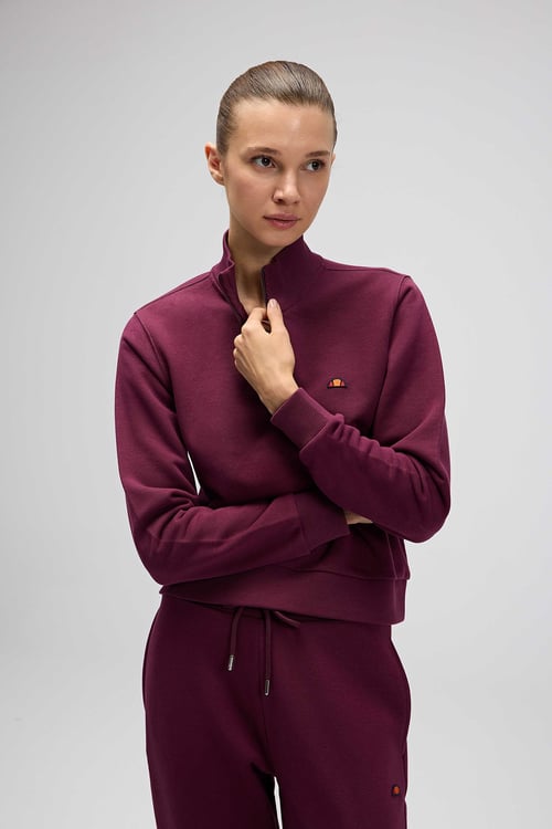 Pamuklu Regular Fit Yarım Fermuarlı Dik Yaka Kadın Sweat EF557-BRD BORDO