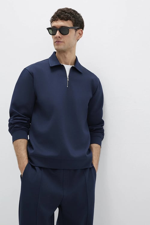 Pamuklu Regular Fit Yarım Fermuarlı Erkek Polo Yaka Sweat 0S10382-80872 LACİVERT