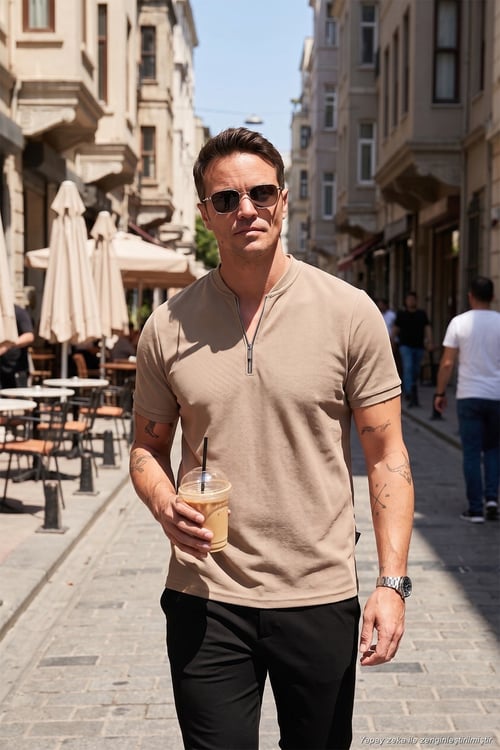 Pamuklu Regular Fit Yarım Fermuarlı Erkek T Shirt 5902653 VİZON