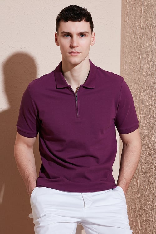 Pamuklu Regular Fit Yarım Fermuarlı Erkek Polo Yaka T Shirt 5903008 MÜRDÜM
