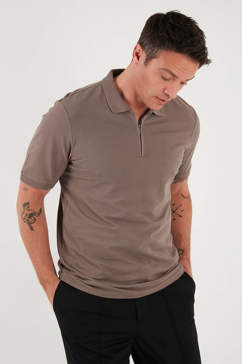 Pamuklu Regular Fit Yarım Fermuarlı Erkek Polo Yaka T Shirt 5903008 TOPRAK