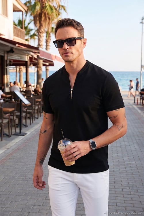 Pamuklu Regular Fit Yarım Fermuarlı Erkek T Shirt 5902653 SİYAH