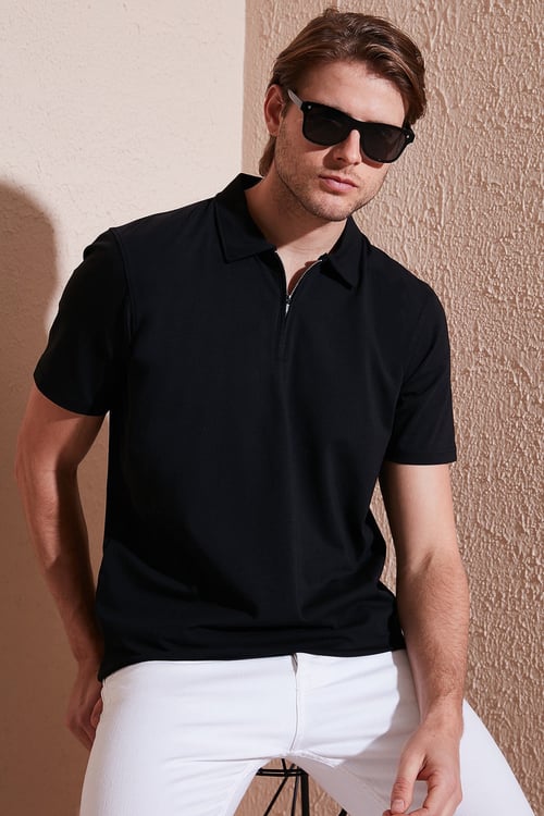 Pamuklu Regular Fit Yarım Fermuarlı Erkek Polo Yaka T Shirt 5902972 SİYAH