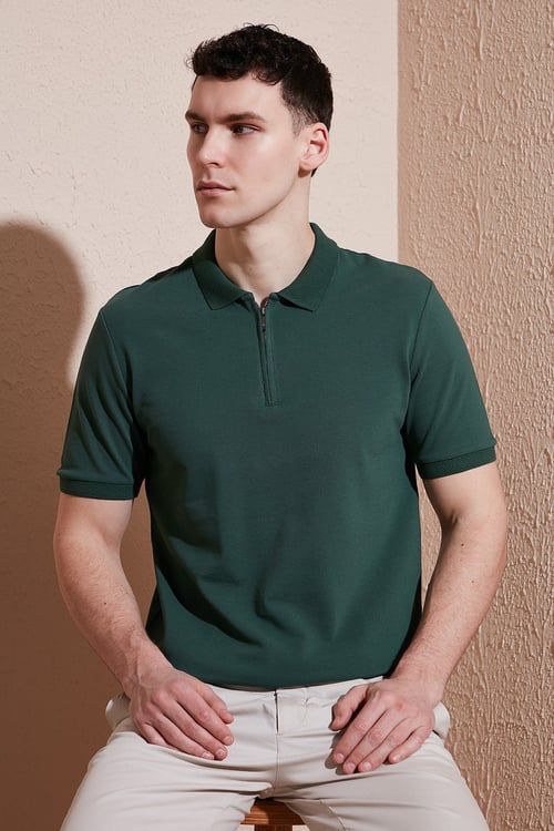 Pamuklu Regular Fit Yarım Fermuarlı Erkek Polo Yaka T Shirt 5903008 NEFTİ