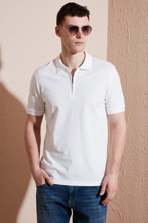 Pamuklu Regular Fit Yarım Fermuarlı Erkek Polo Yaka T Shirt 5903008 BEYAZ