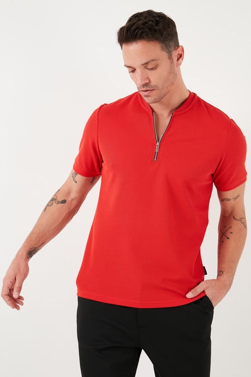 Pamuklu Regular Fit Yarım Fermuarlı Erkek T Shirt 5902653 KIRMIZI