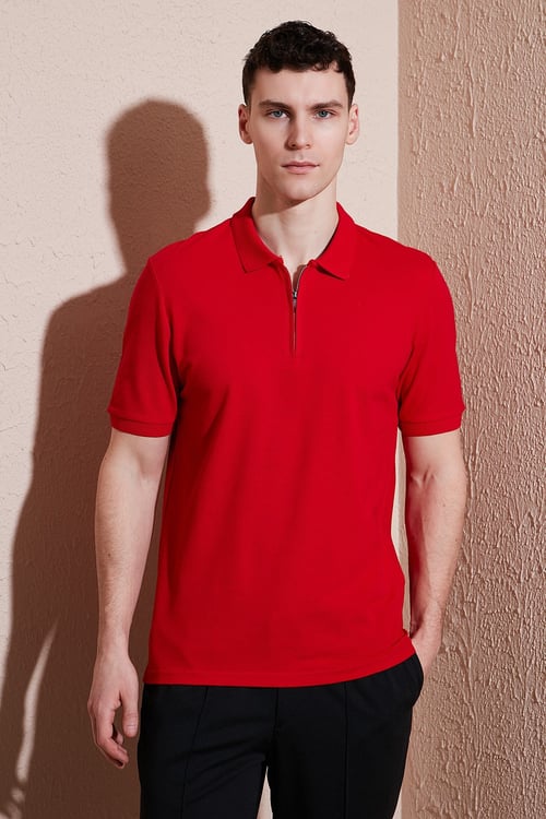 Pamuklu Regular Fit Yarım Fermuarlı Erkek Polo Yaka T Shirt 5903008 KIRMIZI