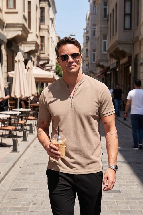 Pamuklu Regular Fit Yarım Fermuarlı Erkek T Shirt 5902653 VİZON