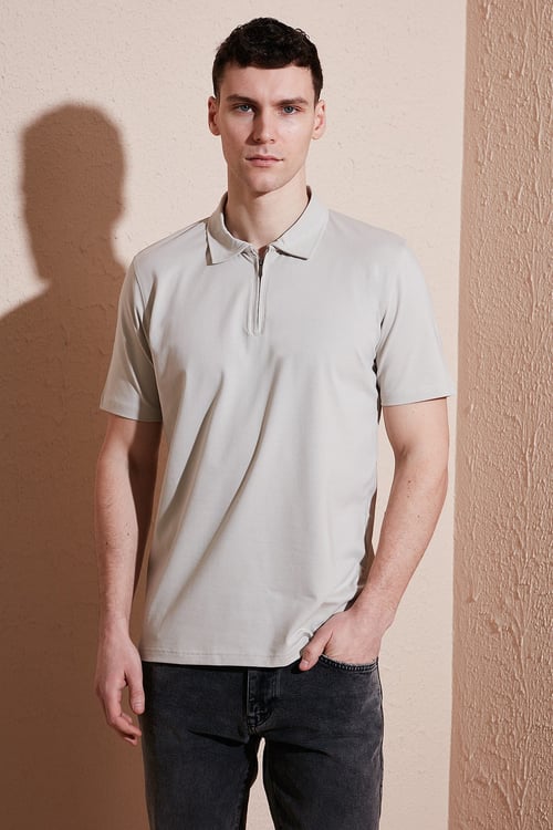 Pamuklu Regular Fit Yarım Fermuarlı Erkek Polo Yaka T Shirt 5902972 TAŞ