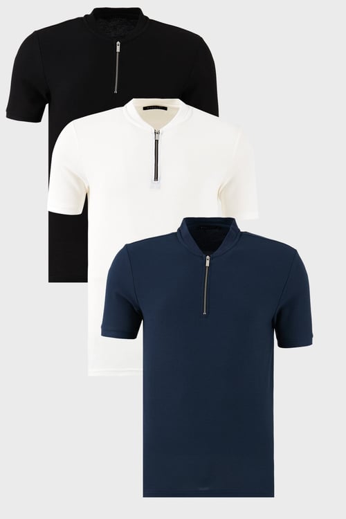 Pamuklu Regular Fit Yarım Fermuarlı Kolej Yaka 3'lü Paket Erkek T Shirt 5902653S3 Siyah-Beyaz-Lacivert