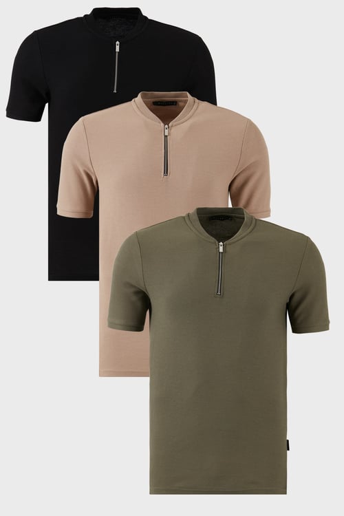 Pamuklu Regular Fit Yarım Fermuarlı Kolej Yaka 3'lü Paket Erkek T Shirt 5902653S3 Siyah-Vizon-Haki
