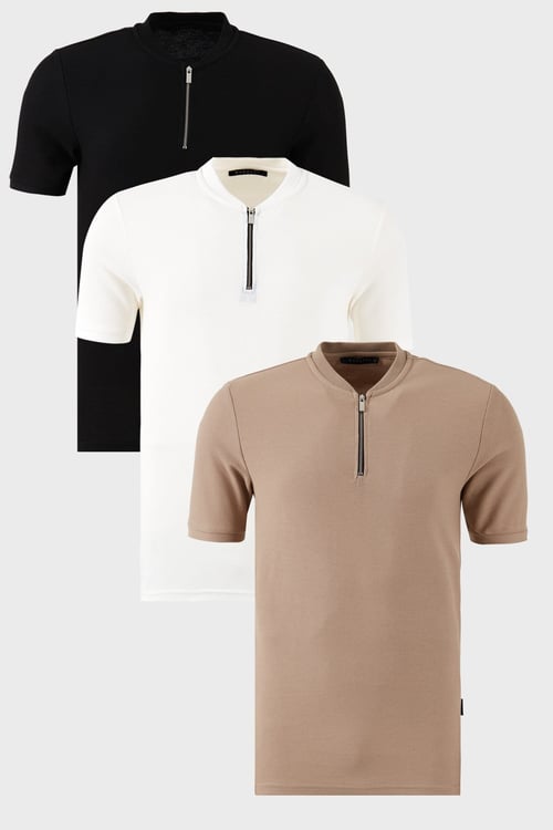 Pamuklu Regular Fit Yarım Fermuarlı Kolej Yaka 3'lü Paket Erkek T Shirt 5902653S3 Siyah-Beyaz-Vizon