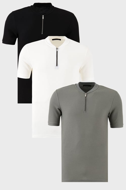 Pamuklu Regular Fit Yarım Fermuarlı Kolej Yaka 3'lü Paket Erkek T Shirt 5902653S3 Siyah-Beyaz-Açık Haki
