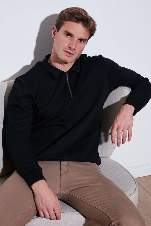 Pamuklu Regular Fit Yarım Fermuarlı Polo Yaka Erkek Sweat 5905789 SİYAH