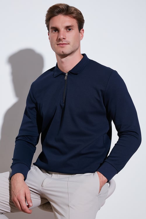 Pamuklu Regular Fit Yarım Fermuarlı Polo Yaka Erkek Sweat 5905789 İNDİGO
