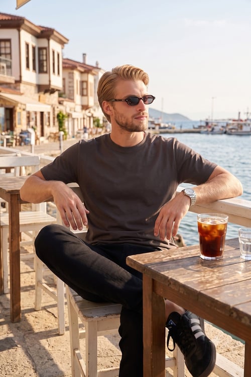 Pamuklu Relaxed Fit Bisiklet Yaka Basic Erkek T Shirt 5905884 KAHVE