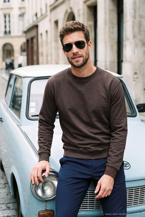 Pamuklu Relaxed Fit Bisiklet Yaka Erkek Sweat 5901257 Acı Kahve
