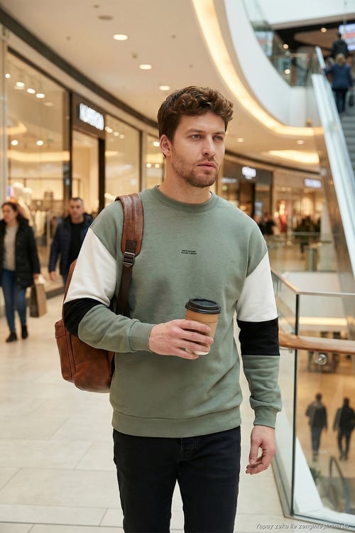 Pamuklu Relaxed Fit Bisiklet Yaka Şardonlu Renk Bloklu Erkek Sweat 5905298T HAKİ