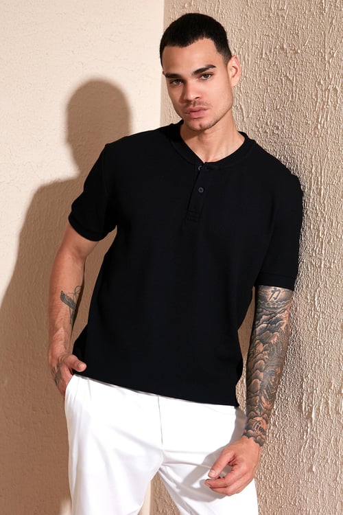 Pamuklu Relaxed Fit Düğmeli Sıfır Yaka Erkek T Shirt 5902737 SİYAH