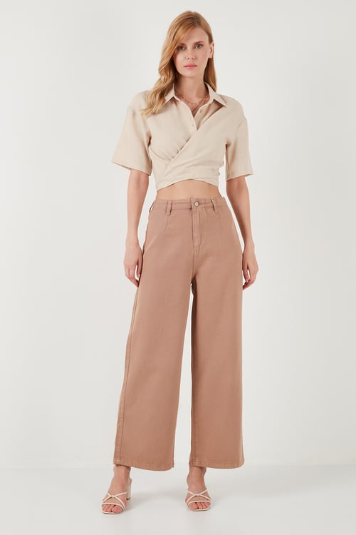 Pamuklu Relaxed Fit Geniş Paça Kadın Pantolon 668YP5237 CAMEL